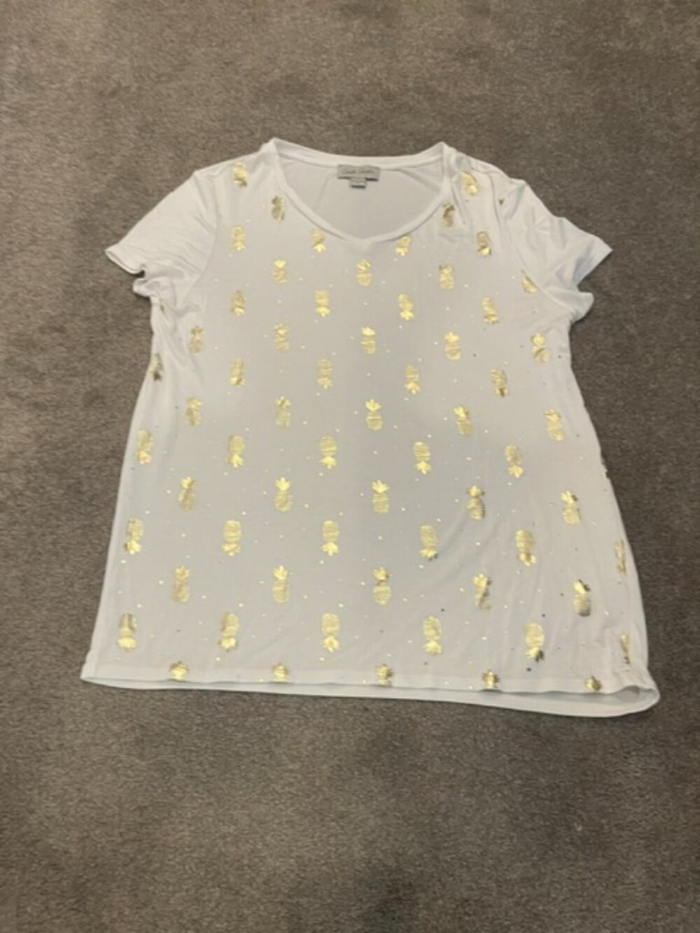 CHARLIE PAIGE White & Gold Metallic Pineapple V-Neck T-Shirt